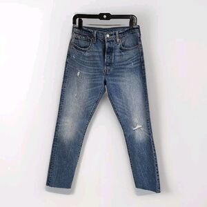 Levi’s 501 Button Fly Distressed High Rise Blue Jeans Raw Hem Women’s Size 28x30